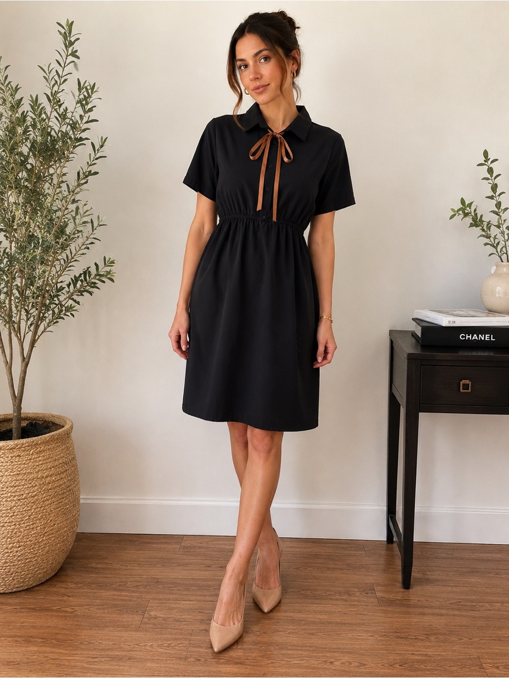 Vintage-Inspired Black Midi Dress with Satin Bow Detail | Size S/M